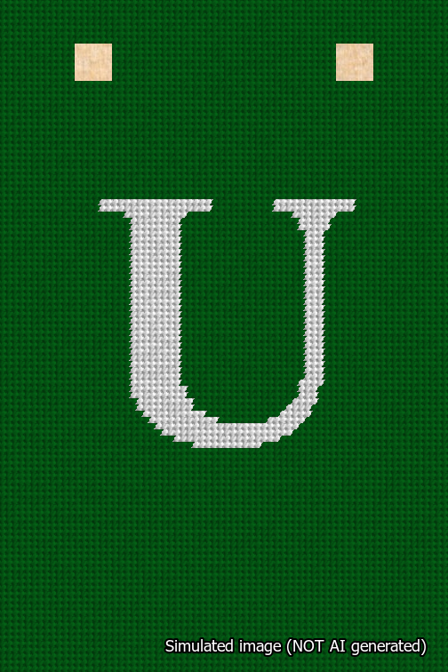 A simulated image of the stitched needlepoint design: Banner 18m Squared U White on Green. Not A.I. generated.