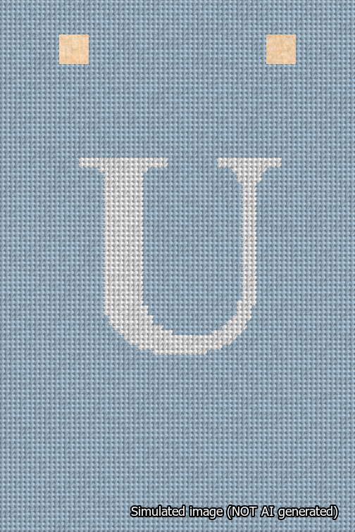 A simulated image of the stitched needlepoint design: Banner 18m Squared U White on Light Blue. Not A.I. generated.