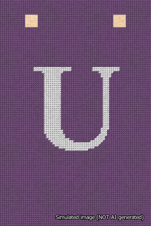 A simulated image of the stitched needlepoint design: Banner 18m Squared U White on Purple. Not A.I. generated.