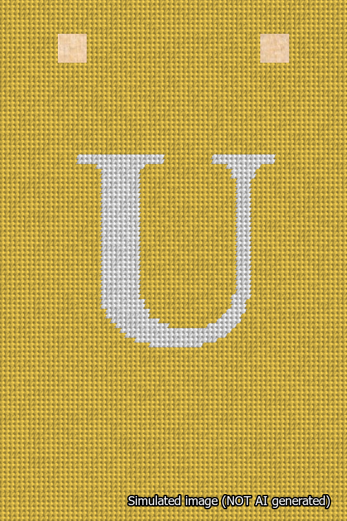 A simulated image of the stitched needlepoint design: Banner 18m Squared U White on Yellow. Not A.I. generated.