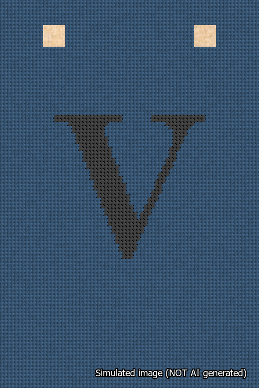 A simulated image of the stitched needlepoint design: Banner 18m Squared V Black on Blue. Not A.I. generated.