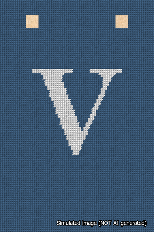 A simulated image of the stitched needlepoint design: Banner 18m Squared V White on Blue. Not A.I. generated.
