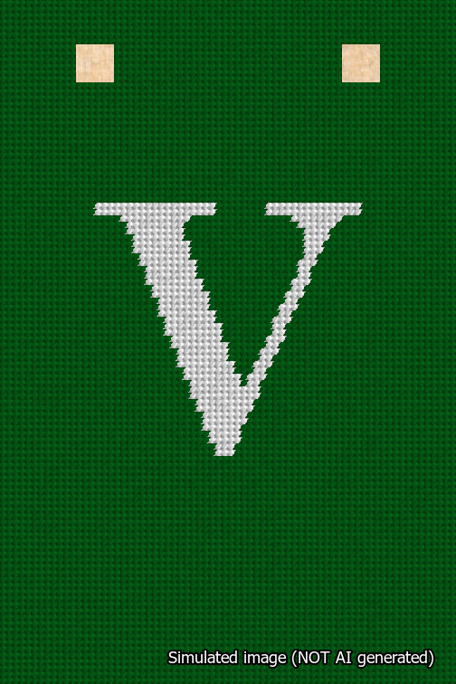A simulated image of the stitched needlepoint design: Banner 18m Squared V White on Green. Not A.I. generated.