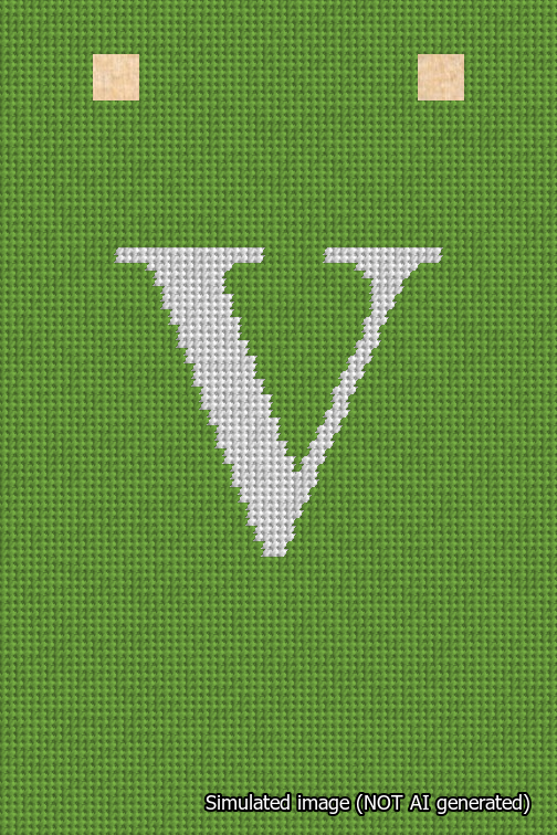 A simulated image of the stitched needlepoint design: Banner 18m Squared V White on Light Green. Not A.I. generated.