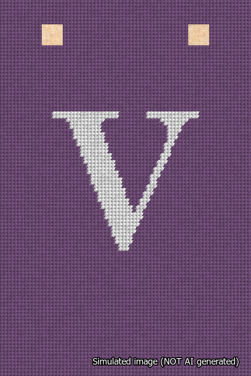A simulated image of the stitched needlepoint design: Banner 18m Squared V White on Purple. Not A.I. generated.