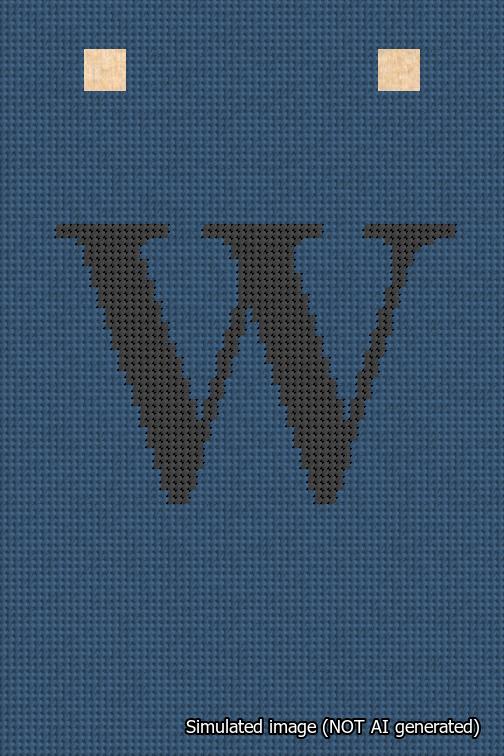 A simulated image of the stitched needlepoint design: Banner 18m Squared W Black on Blue. Not A.I. generated.