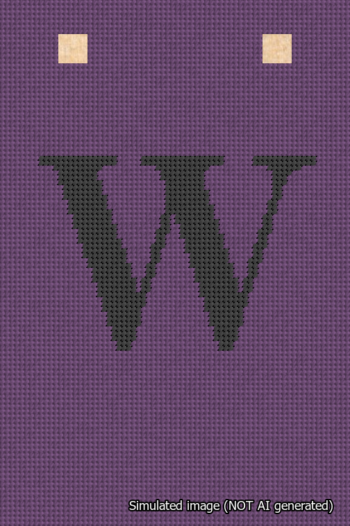 A simulated image of the stitched needlepoint design: Banner 18m Squared W Black on Purple. Not A.I. generated.