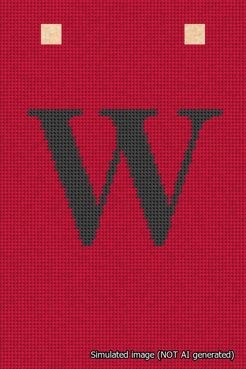 A simulated image of the stitched needlepoint design: Banner 18m Squared W Black on Red. Not A.I. generated.