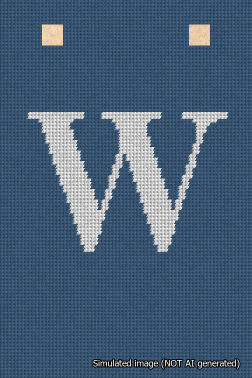 A simulated image of the stitched needlepoint design: Banner 18m Squared W White on Blue. Not A.I. generated.