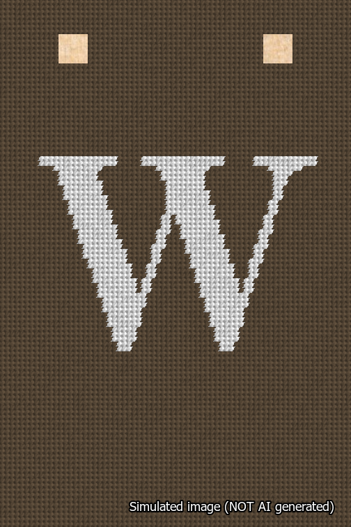 A simulated image of the stitched needlepoint design: Banner 18m Squared W White on Brown. Not A.I. generated.