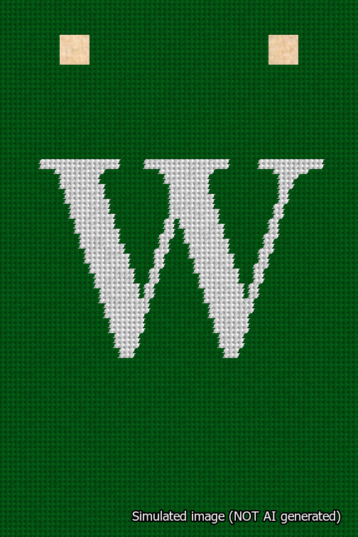 A simulated image of the stitched needlepoint design: Banner 18m Squared W White on Green. Not A.I. generated.