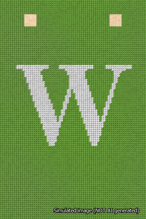 A simulated image of the stitched needlepoint design: Banner 18m Squared W White on Light Green. Not A.I. generated.