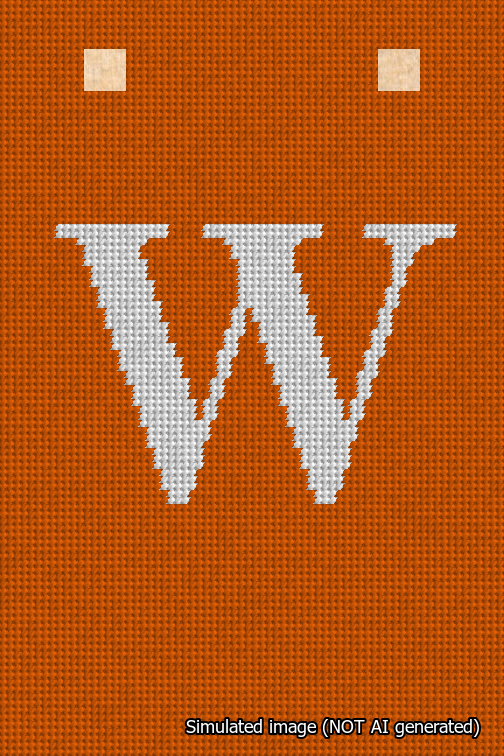 A simulated image of the stitched needlepoint design: Banner 18m Squared W White on Orange. Not A.I. generated.