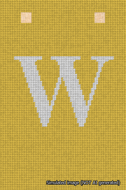 A simulated image of the stitched needlepoint design: Banner 18m Squared W White on Yellow. Not A.I. generated.