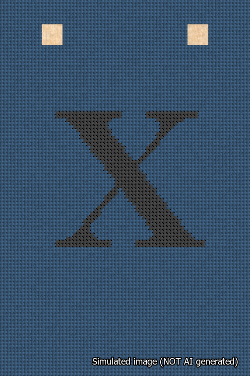 A simulated image of the stitched needlepoint design: Banner 18m Squared X Black on Blue. Not A.I. generated.