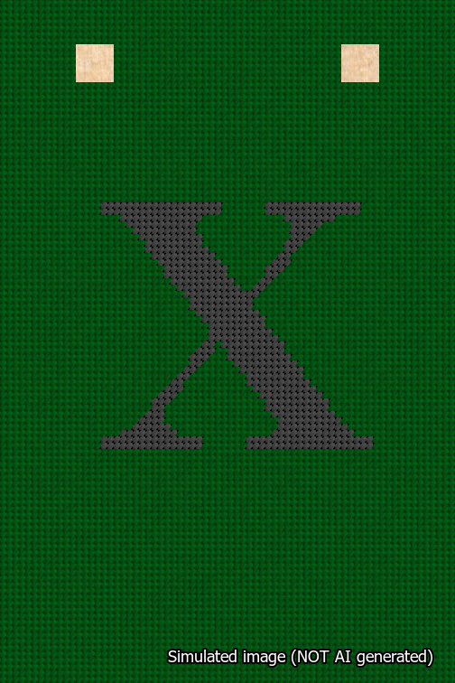 A simulated image of the stitched needlepoint design: Banner 18m Squared X Black on Green. Not A.I. generated.