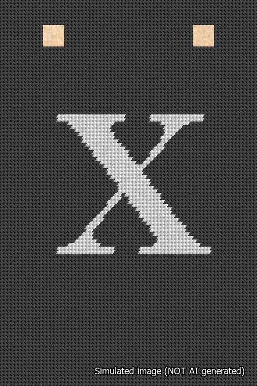 A simulated image of the stitched needlepoint design: Banner 18m Squared X White on Black. Not A.I. generated.