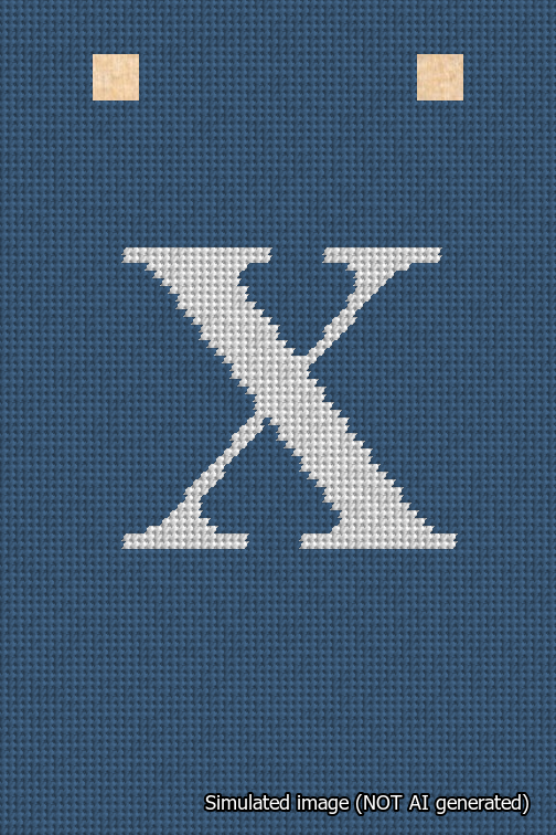 A simulated image of the stitched needlepoint design: Banner 18m Squared X White on Blue. Not A.I. generated.