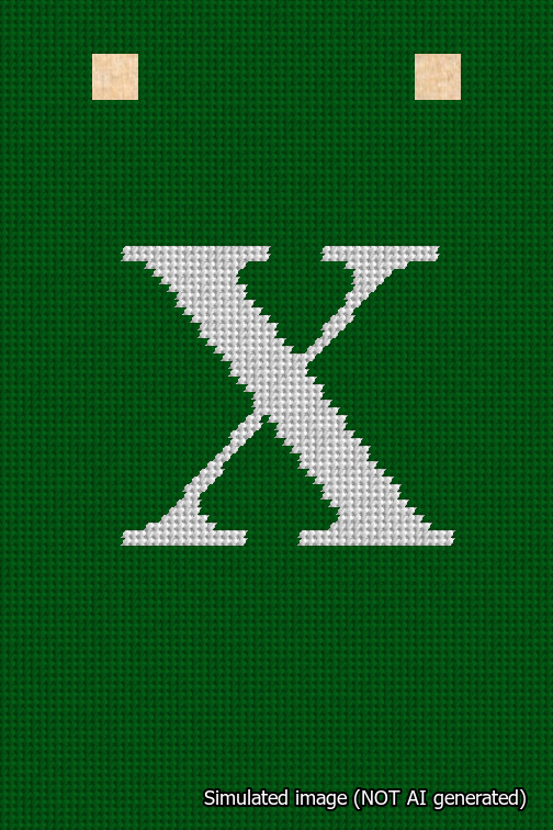 A simulated image of the stitched needlepoint design: Banner 18m Squared X White on Green. Not A.I. generated.