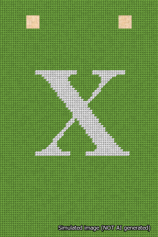 A simulated image of the stitched needlepoint design: Banner 18m Squared X White on Light Green. Not A.I. generated.