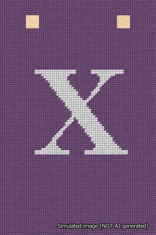 A simulated image of the stitched needlepoint design: Banner 18m Squared X White on Purple. Not A.I. generated.