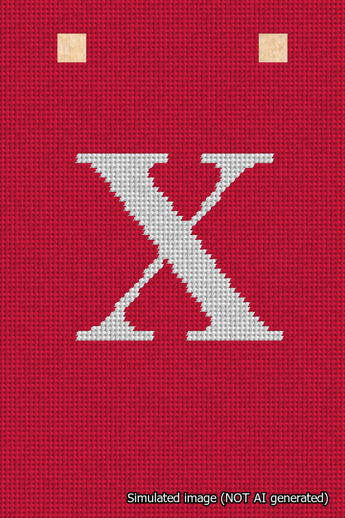 A simulated image of the stitched needlepoint design: Banner 18m Squared X White on Red. Not A.I. generated.
