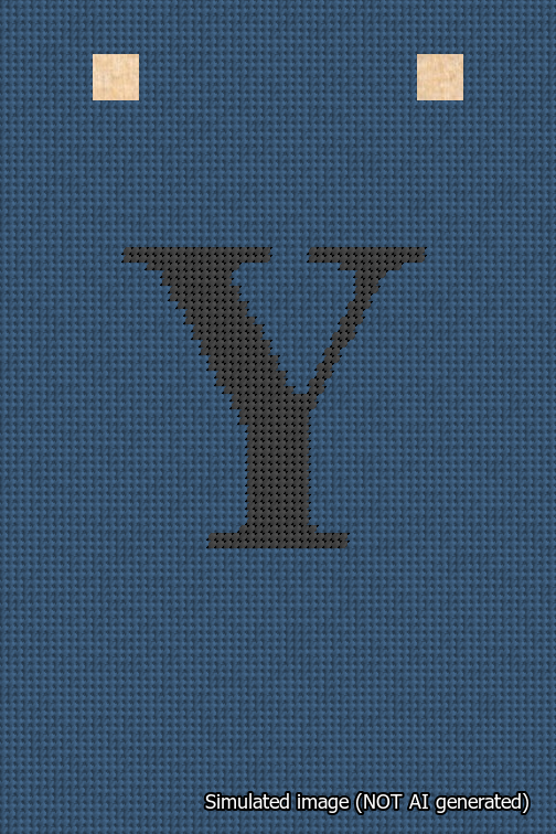 A simulated image of the stitched needlepoint design: Banner 18m Squared Y Black on Blue. Not A.I. generated.