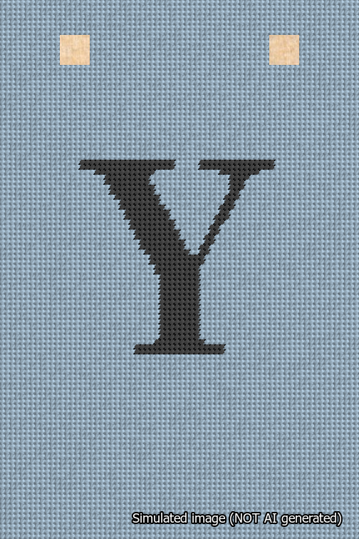 A simulated image of the stitched needlepoint design: Banner 18m Squared Y Black on Light Blue. Not A.I. generated.