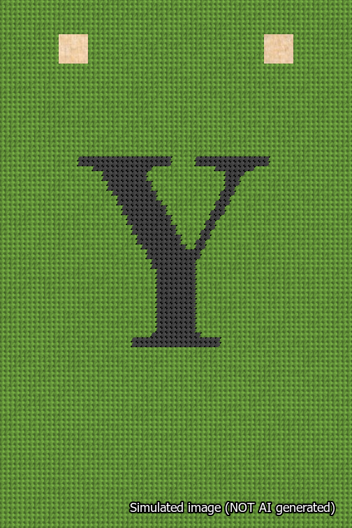 A simulated image of the stitched needlepoint design: Banner 18m Squared Y Black on Light Green. Not A.I. generated.