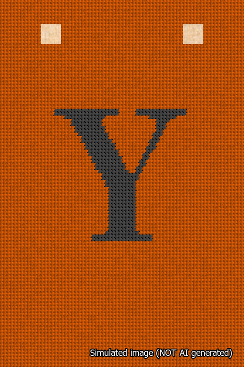 A simulated image of the stitched needlepoint design: Banner 18m Squared Y Black on Orange. Not A.I. generated.