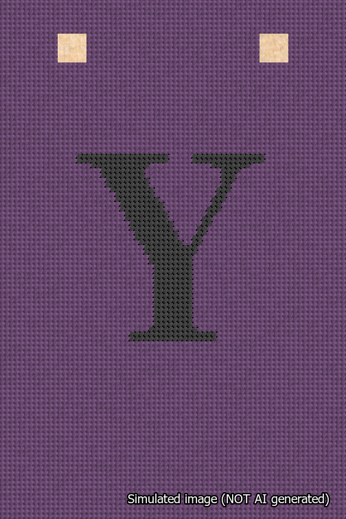 A simulated image of the stitched needlepoint design: Banner 18m Squared Y Black on Purple. Not A.I. generated.