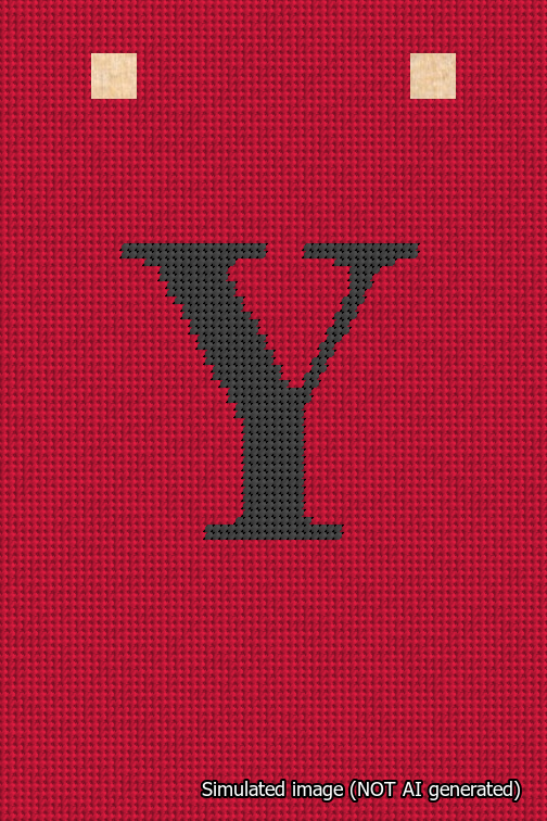 A simulated image of the stitched needlepoint design: Banner 18m Squared Y Black on Red. Not A.I. generated.