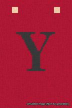 A simulated image of the stitched needlepoint design: Banner 18m Squared Y Black on Red. Not A.I. generated.
