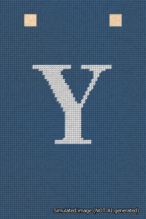 A simulated image of the stitched needlepoint design: Banner 18m Squared Y White on Blue. Not A.I. generated.