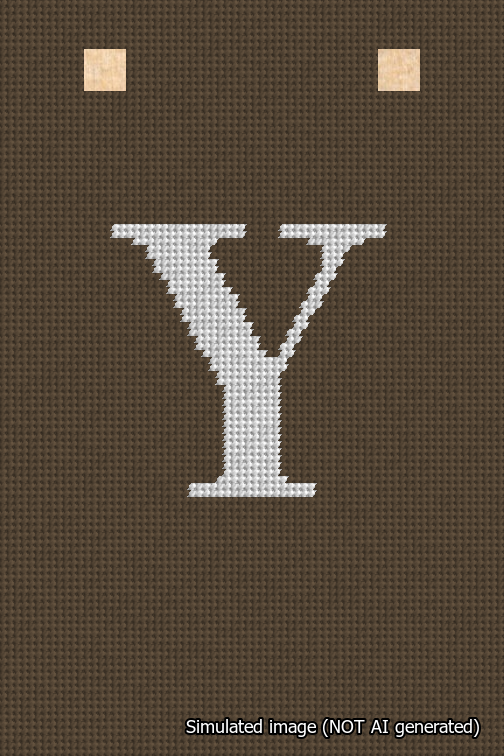 A simulated image of the stitched needlepoint design: Banner 18m Squared Y White on Brown. Not A.I. generated.