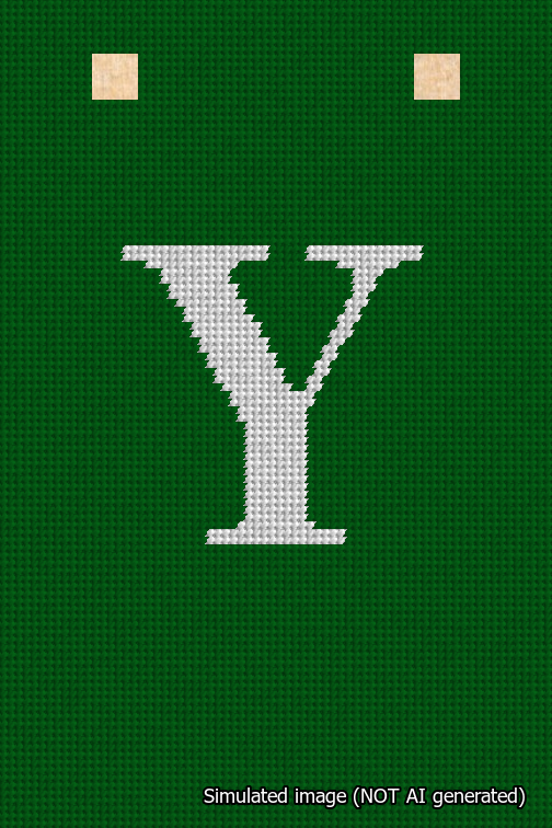 A simulated image of the stitched needlepoint design: Banner 18m Squared Y White on Green. Not A.I. generated.