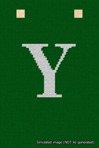 A simulated image of the stitched needlepoint design: Banner 18m Squared Y White on Green. Not A.I. generated.