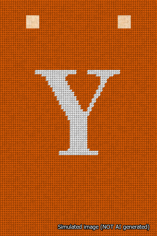 A simulated image of the stitched needlepoint design: Banner 18m Squared Y White on Orange. Not A.I. generated.