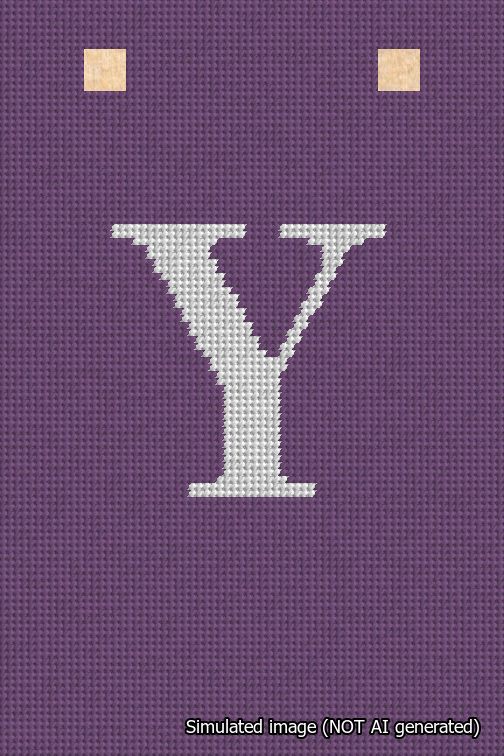 A simulated image of the stitched needlepoint design: Banner 18m Squared Y White on Purple. Not A.I. generated.