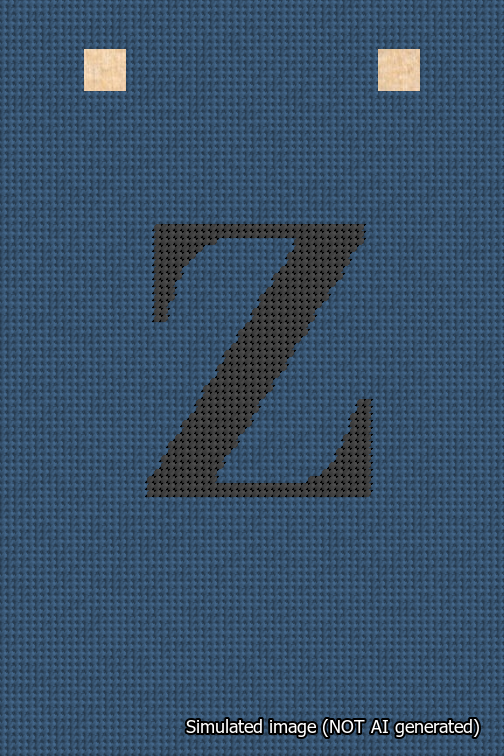 A simulated image of the stitched needlepoint design: Banner 18m Squared Z Black on Blue. Not A.I. generated.
