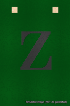 A simulated image of the stitched needlepoint design: Banner 18m Squared Z Black on Green. Not A.I. generated.