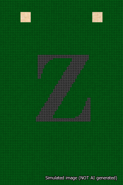 A simulated image of the stitched needlepoint design: Banner 18m Squared Z Black on Green. Not A.I. generated.