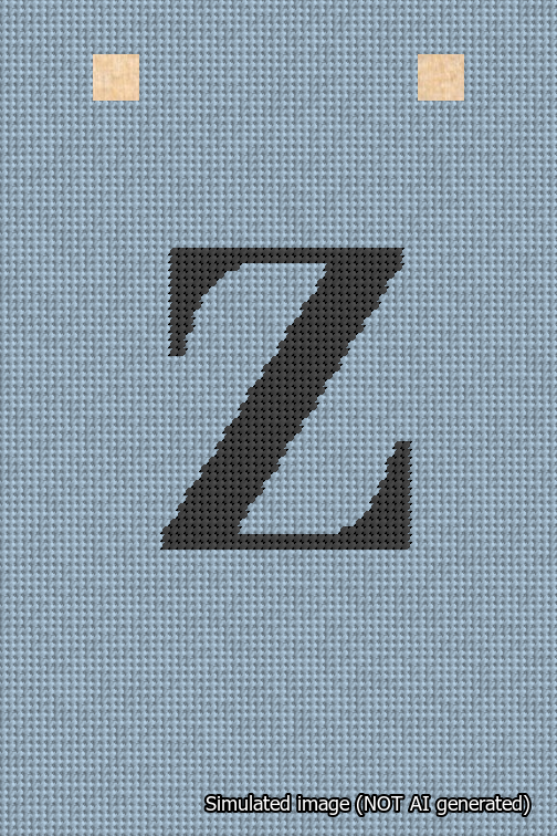 A simulated image of the stitched needlepoint design: Banner 18m Squared Z Black on Light Blue. Not A.I. generated.