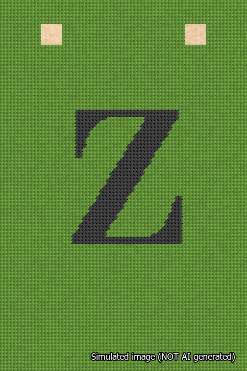 A simulated image of the stitched needlepoint design: Banner 18m Squared Z Black on Light Green. Not A.I. generated.