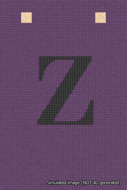 A simulated image of the stitched needlepoint design: Banner 18m Squared Z Black on Purple. Not A.I. generated.