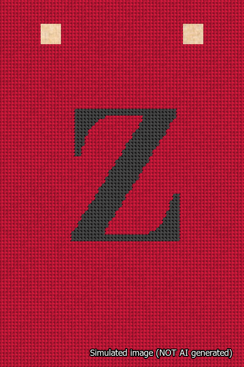 A simulated image of the stitched needlepoint design: Banner 18m Squared Z Black on Red. Not A.I. generated.