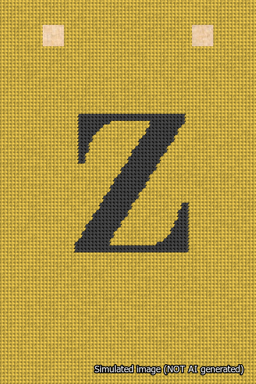 A simulated image of the stitched needlepoint design: Banner 18m Squared Z Black on Yellow. Not A.I. generated.