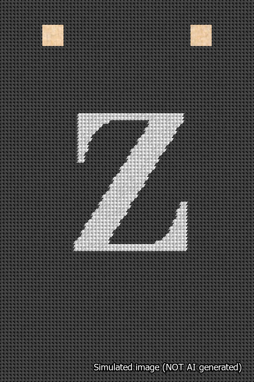A simulated image of the stitched needlepoint design: Banner 18m Squared Z White on Black. Not A.I. generated.