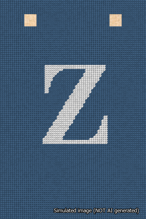 A simulated image of the stitched needlepoint design: Banner 18m Squared Z White on Blue. Not A.I. generated.