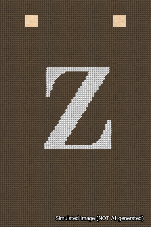 A simulated image of the stitched needlepoint design: Banner 18m Squared Z White on Brown. Not A.I. generated.